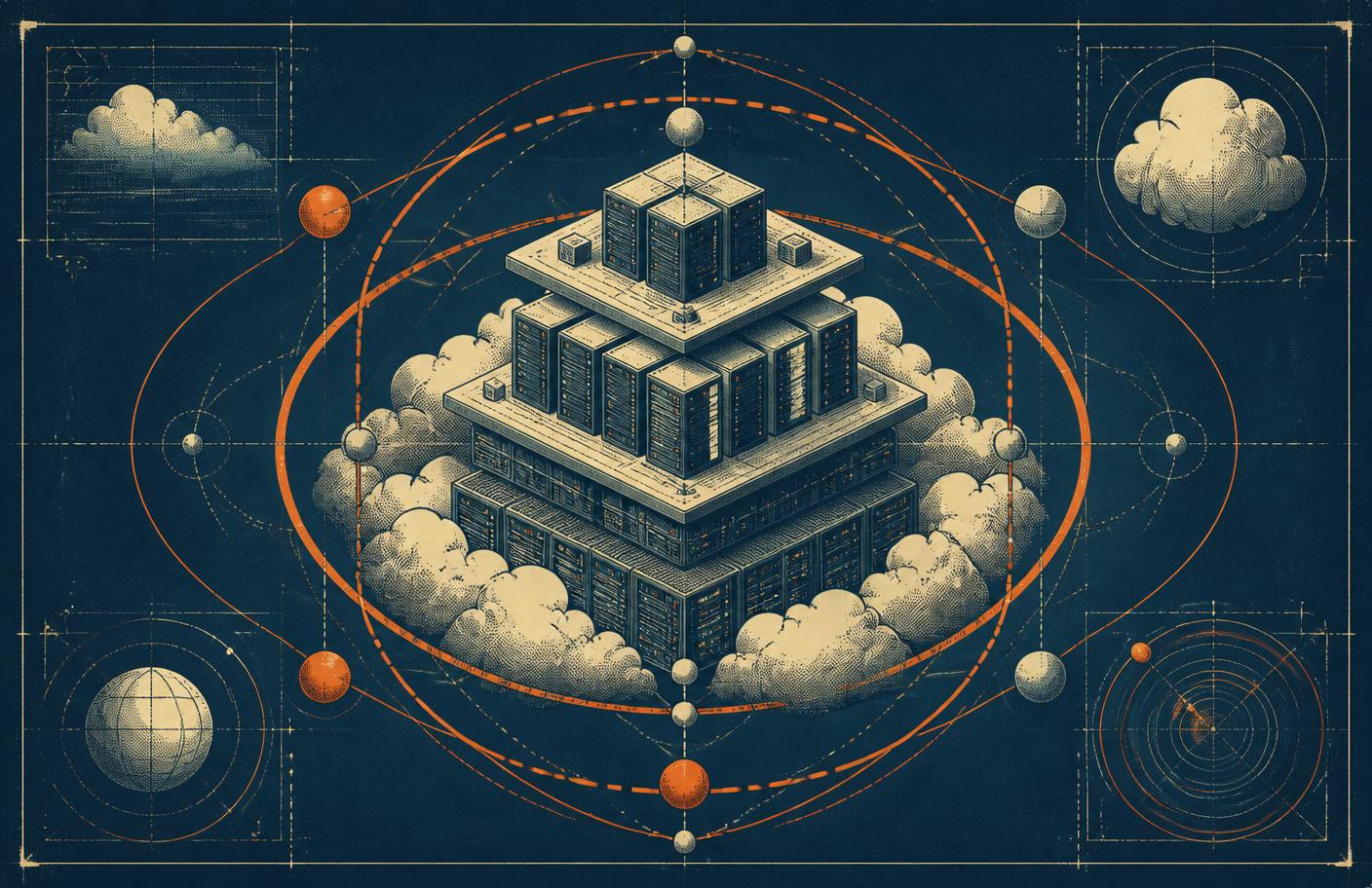 Layered cloud platform diagram with stacked server tiers inside orbital rings