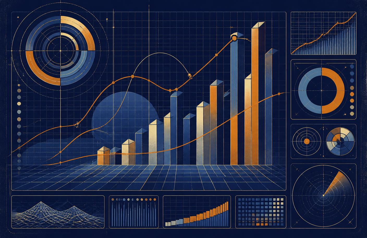 Analytical chart panel with plotted curves, bar structures and gauges
