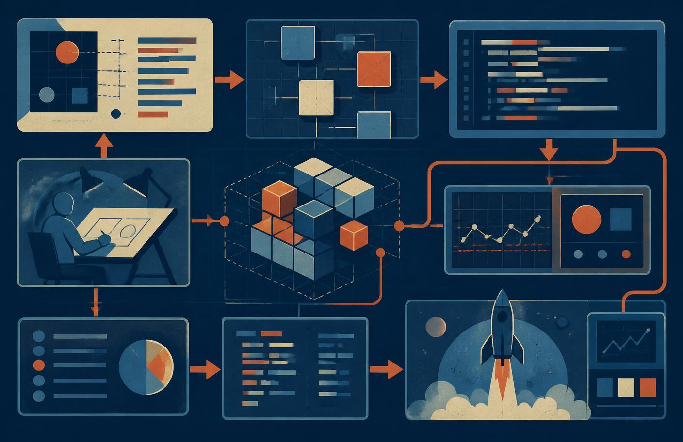 Illustration of an engineering workflow with planning boards, modular components and release panels connected by arrows
