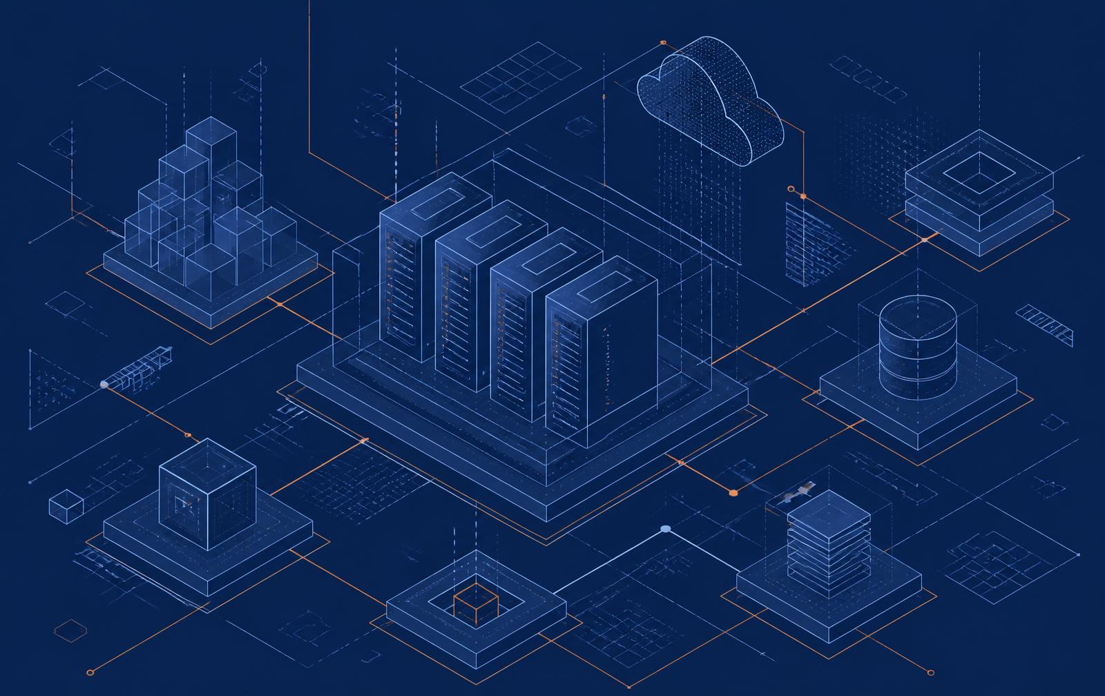 Isometric technical diagram of application, storage and network components in a digital architecture