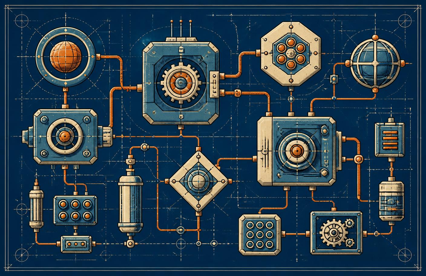 Blueprint diagram of interlocking system modules linked by routing lines