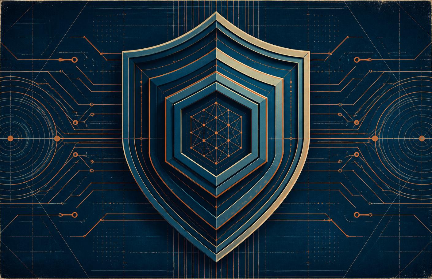 Concentric geometric shield over circuit pathways, representing protective controls around data